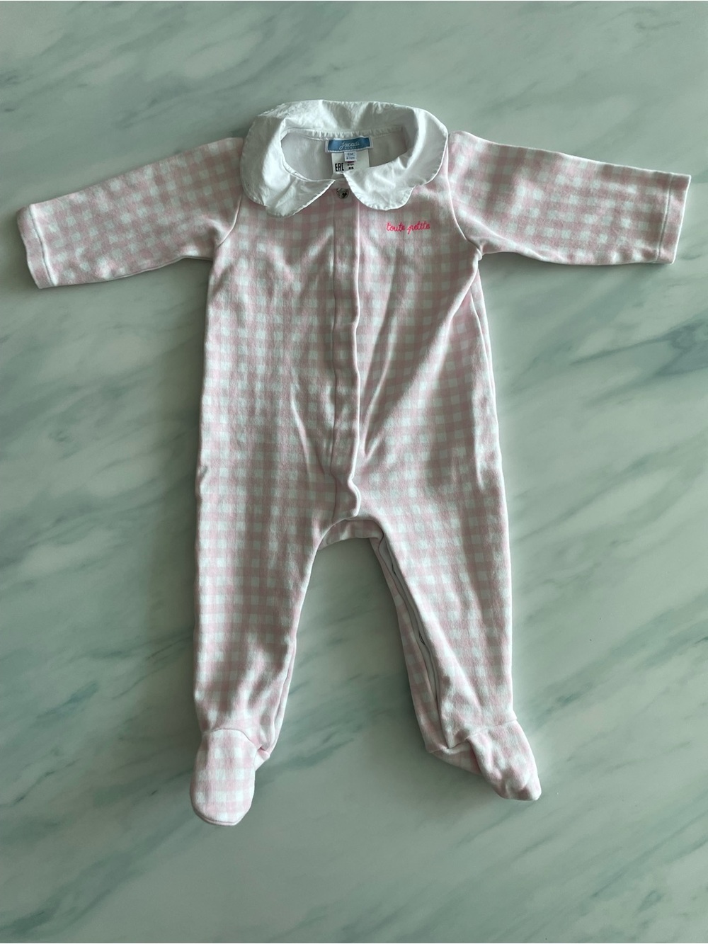 Jacadi Light Pink Gingham Footed One-Piece with White Collar